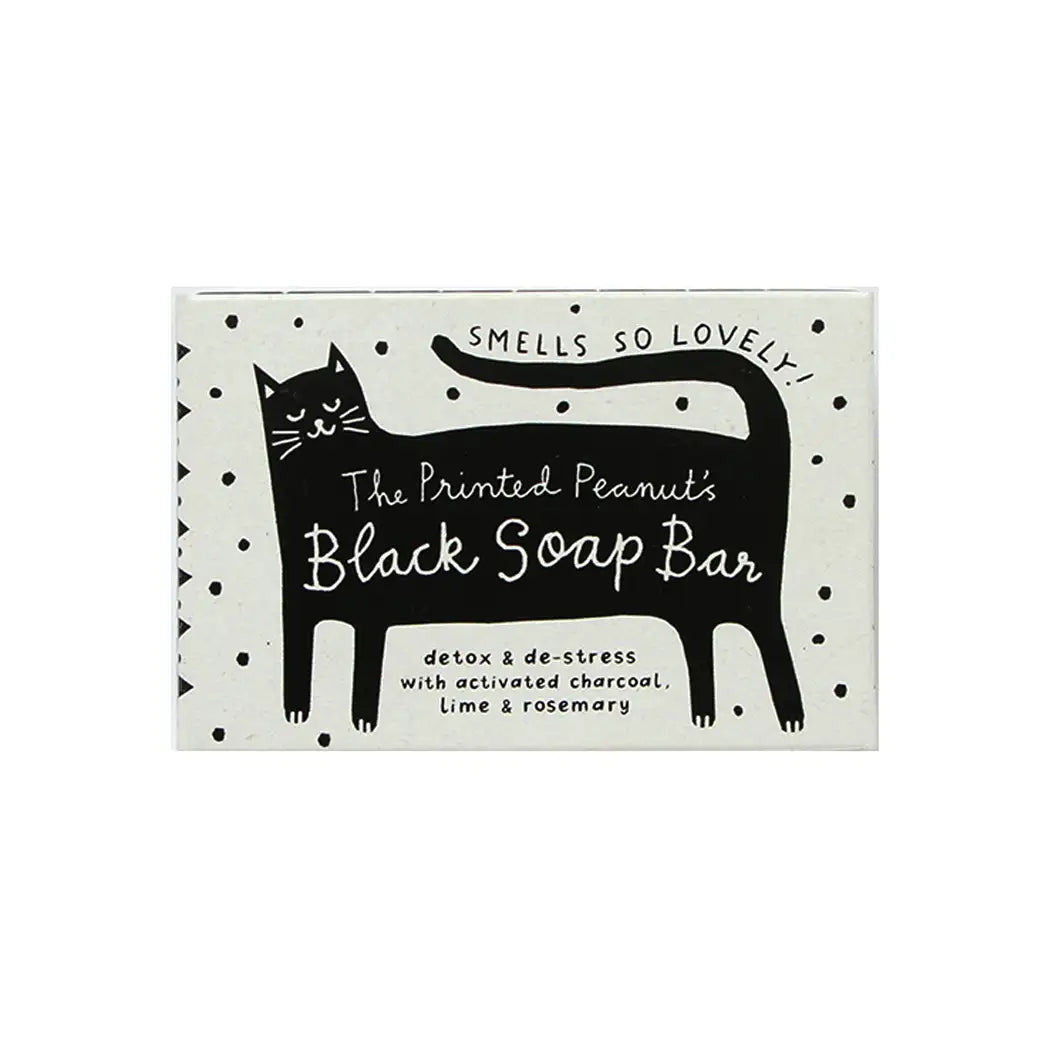 The Printed Peanut Black Cat soap packaging with cat illustration, charcoal soap with rosemary and lime, illustrated gift soap box.