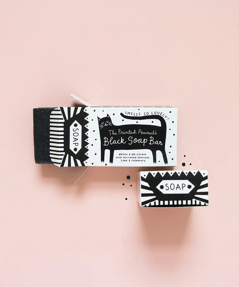 The Printed Peanut Black Cat activated charcoal soap bar in illustrated box, natural UK made soap with rosemary and lime essential oils.