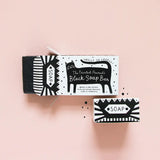 The Printed Peanut Black Cat activated charcoal soap bar in illustrated box, natural UK made soap with rosemary and lime essential oils.