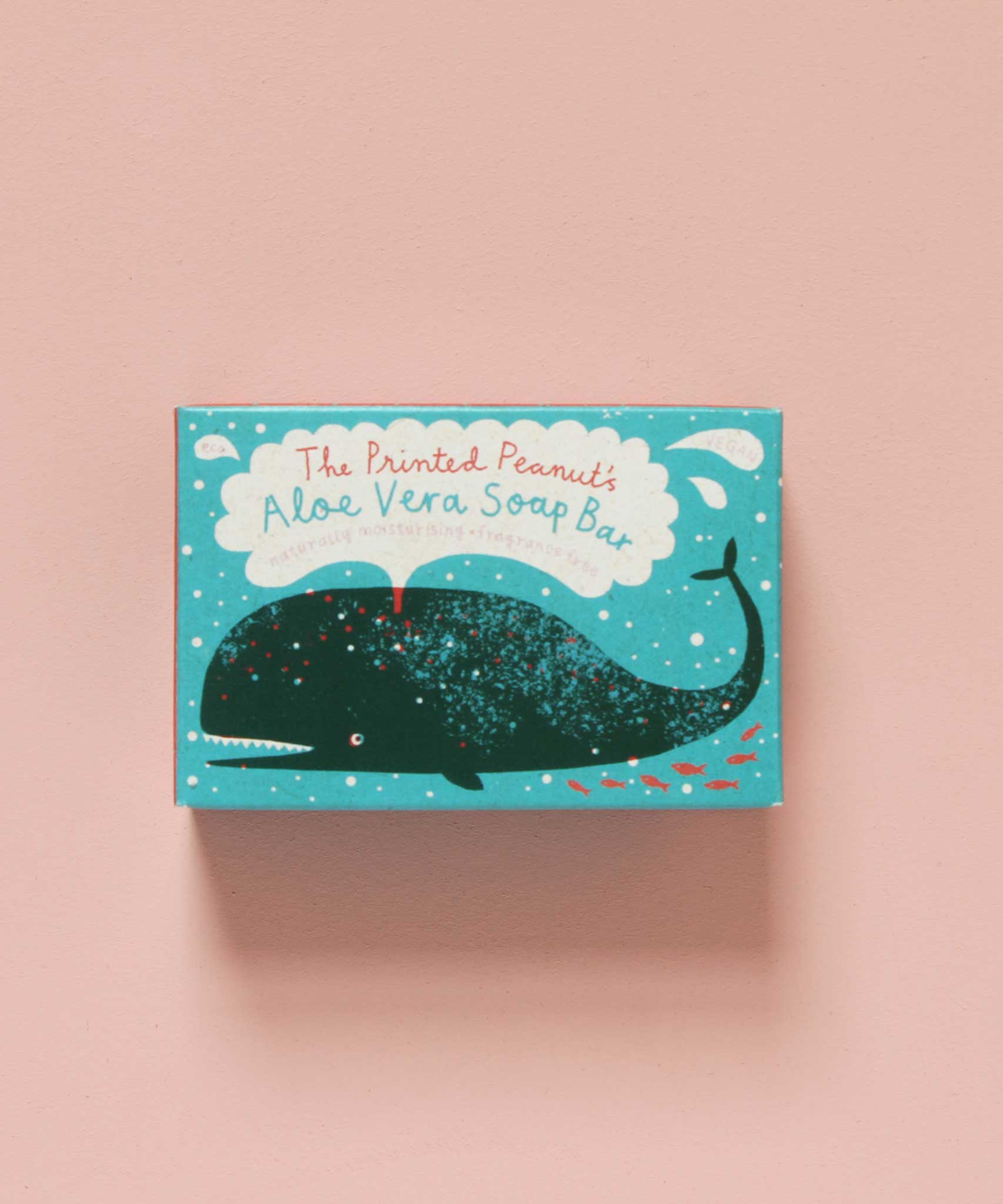 The Printed Peanut aloe vera natural handmade soap bar in a decorative cardboard packaging box.