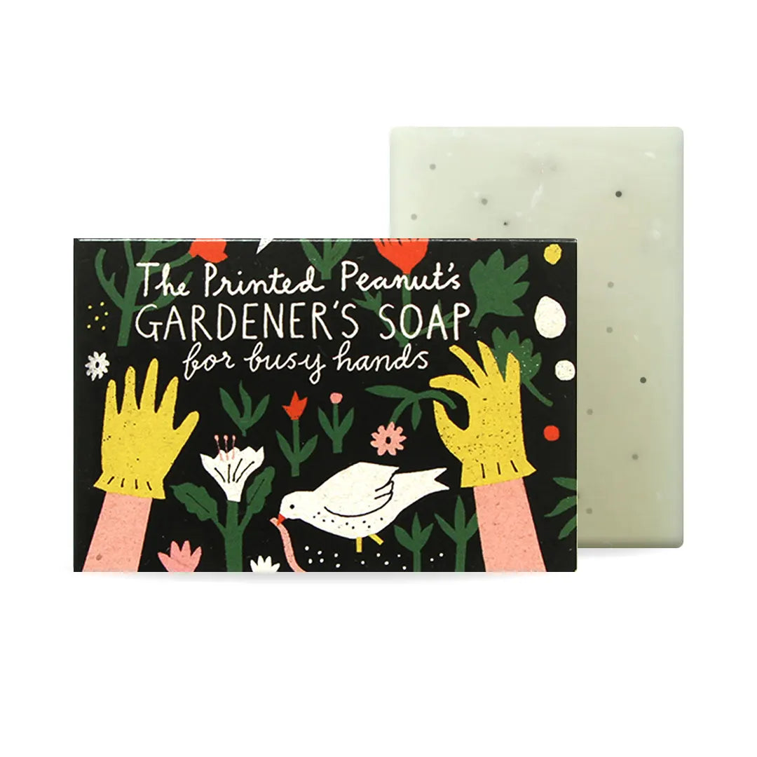 The Printed Peanut Gardener’s soap bar with illustrated box, peppermint oil soap with exfoliating poppyseeds, UK made natural gift soap.