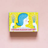 The Printed Peanut Lavender Blossom soap gift box on pink background, lavender oil soap with botanical illustration.