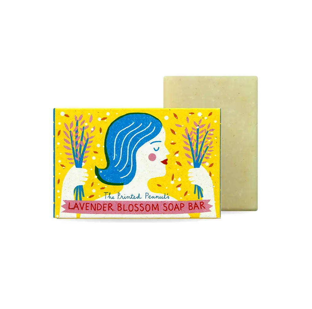 The Printed Peanut Lavender Blossom soap bar with illustrated box, lavender oil soap with blossom, UK made natural gift soap.