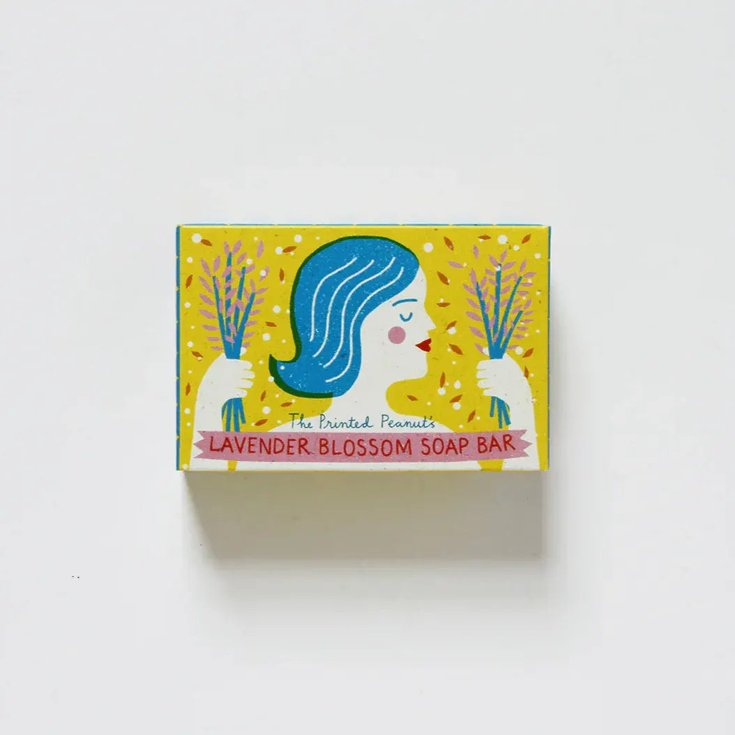 The Printed Peanut Lavender Blossom soap bar with illustrated box, lavender oil soap with blossom, UK made natural gift soap.