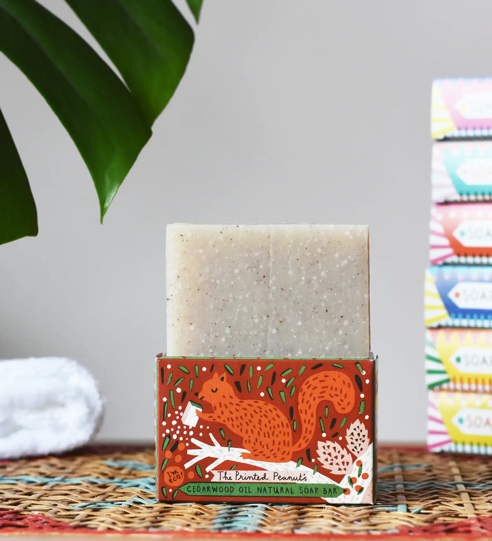 Printed Peanut cedarwood natural soap bar placed on a squirrel themed illustrated cardboard packaging box.