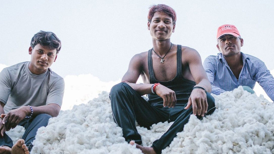 Cotton farmers sitting on a large pile of organic cotton