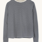 A women's long-sleeved organic cotton top from Rapanui, featuring a navy and white stripe design