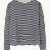A women's long-sleeved organic cotton top from Rapanui, featuring a navy and white stripe design