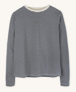 A women's long-sleeved organic cotton top from Rapanui, featuring a navy and white stripe design