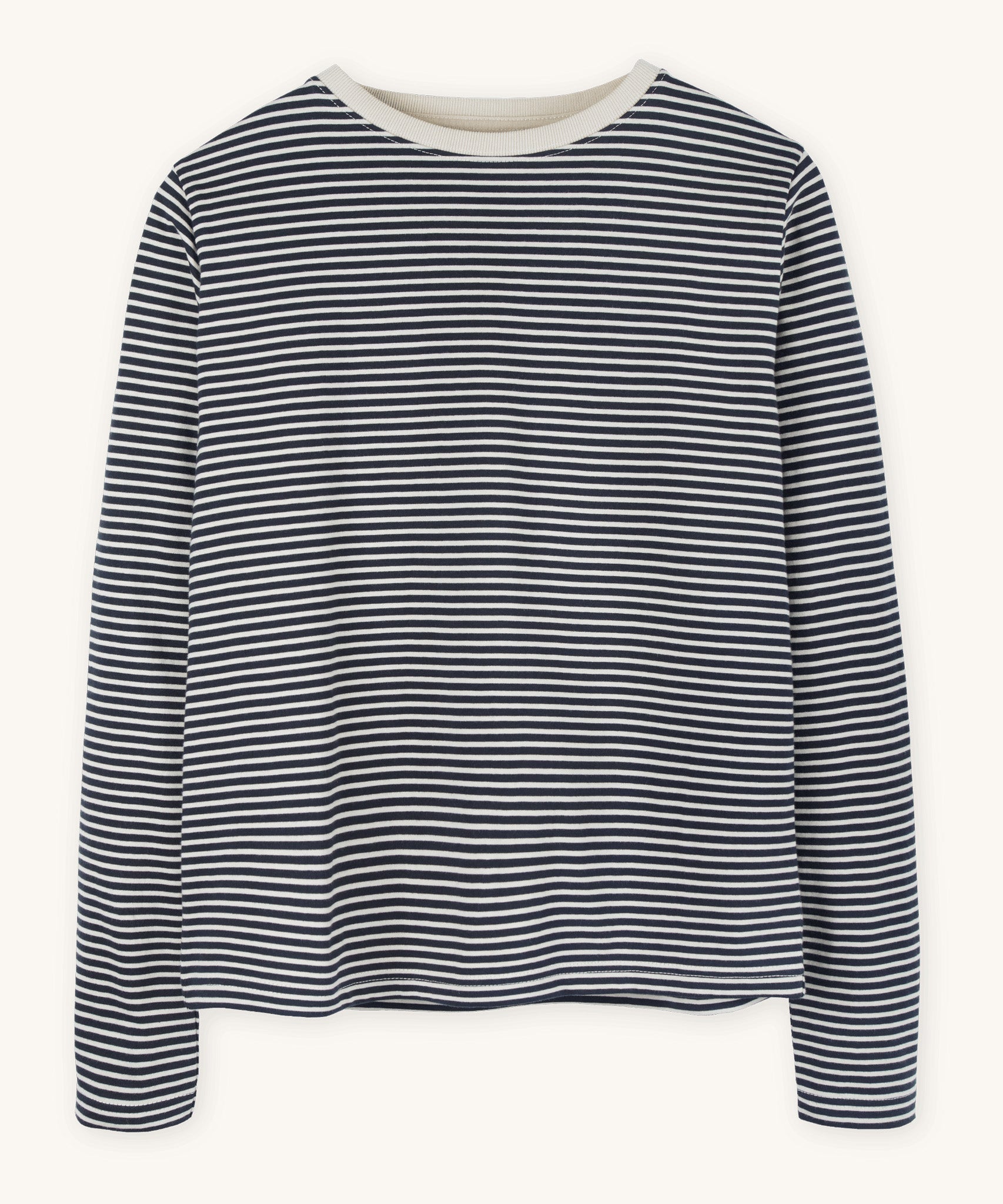 A women's long-sleeved organic cotton top from Rapanui, featuring a navy and white stripe design