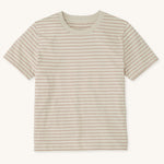 A Rapanui women's organic cotton t-shirt in a taupe and white stripe design