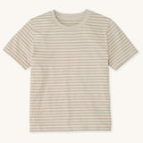 A Rapanui women's organic cotton t-shirt in a taupe and white stripe design