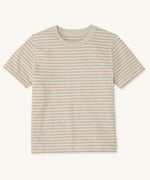 A Rapanui women's organic cotton t-shirt in a taupe and white stripe design