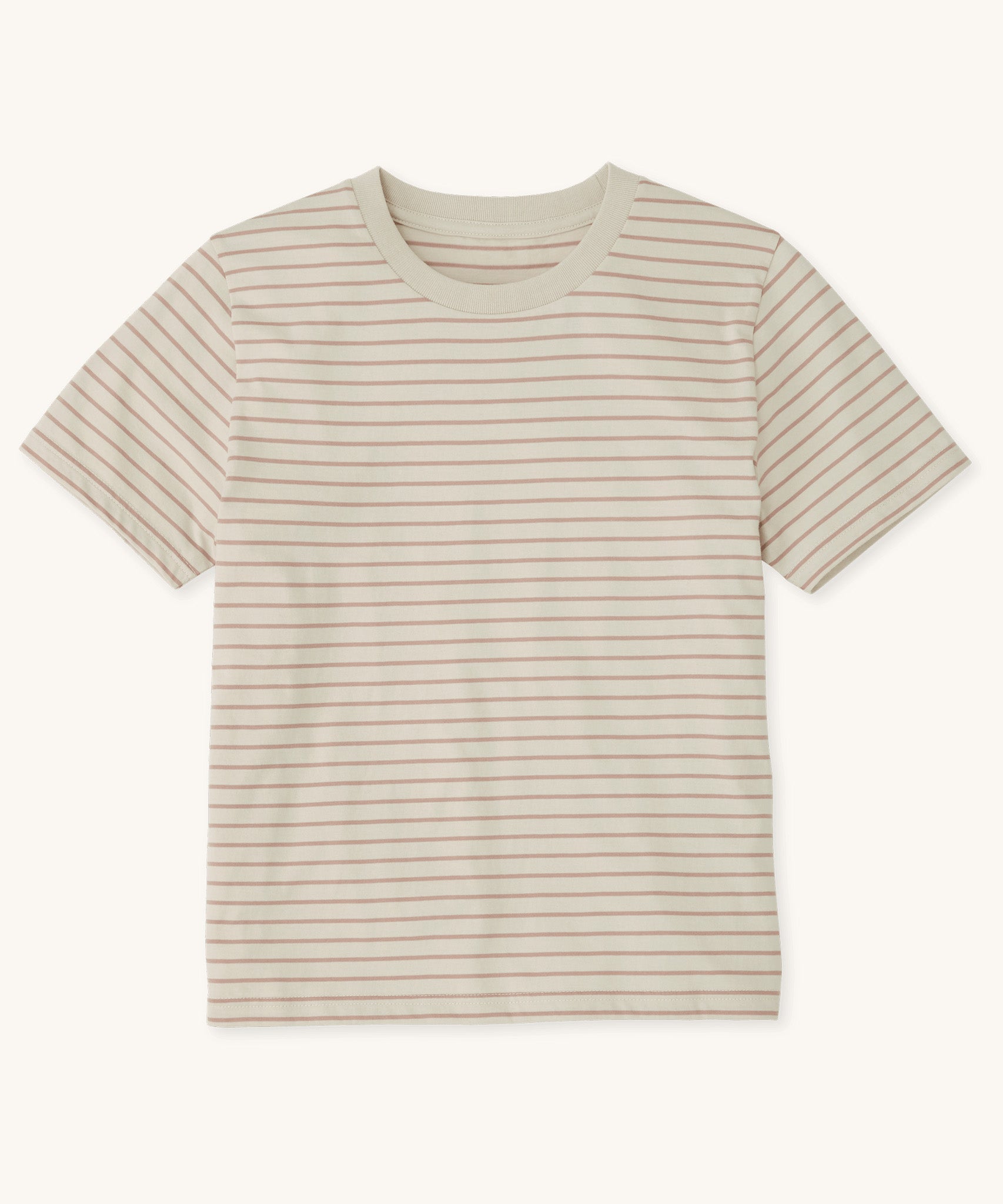 A Rapanui women's organic cotton t-shirt in a taupe and white stripe design