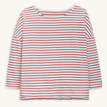 A Rapanui organic cotton long-sleeved top for women, in a red and white stripy design