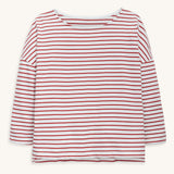 A Rapanui organic cotton long-sleeved top for women, in a red and white stripy design