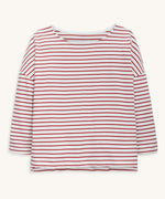 A Rapanui organic cotton long-sleeved top for women, in a red and white stripy design