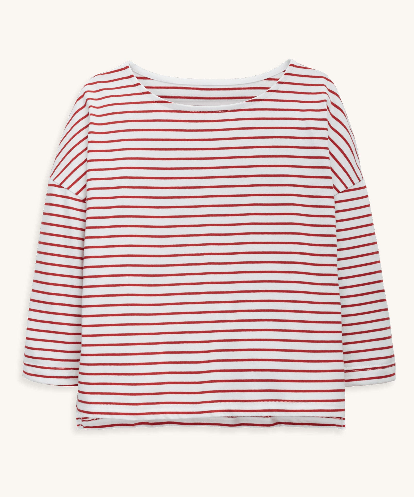 A Rapanui organic cotton long-sleeved top for women, in a red and white stripy design