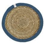 The ReSpiin seagrass and jute natural tablemat with a dark denim coloured ring.