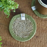 ReSpiin natural jute coaster with green rim on a table 