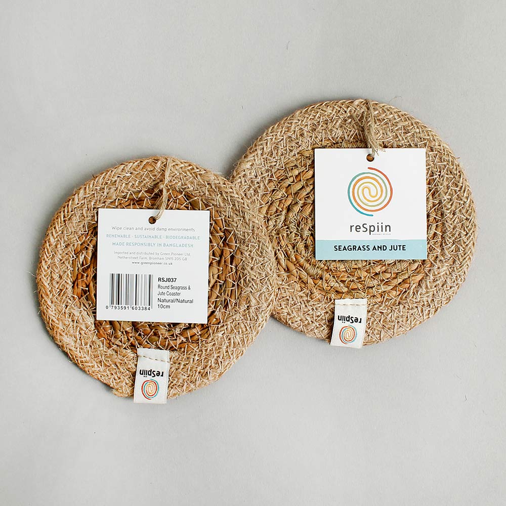 The ReSpiin natural jute and seagrass coasters in natural with labels on.