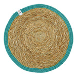 The ReSpiin seagrass and jute natural tablemat with a turquoise coloured ring.