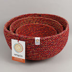 A close up of the 3 Respiin multicoloured recycled cotton bowls showing each bowl inside eachother 