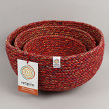 A close up of the 3 Respiin multicoloured recycled cotton bowls showing each bowl inside eachother 