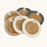 Set of 6 ReSpiin natural jute coasters with a white, natural and pale blue rim on each coaster