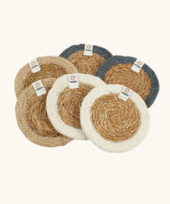 Set of 6 ReSpiin natural jute coasters with a white, natural and pale blue rim on each coaster