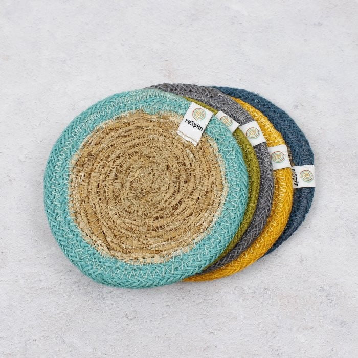 The ReSpiin natural jute and seagrass coasters in different colours.