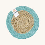 The ReSpiin natural jute and seagrass coaster in turquoise.