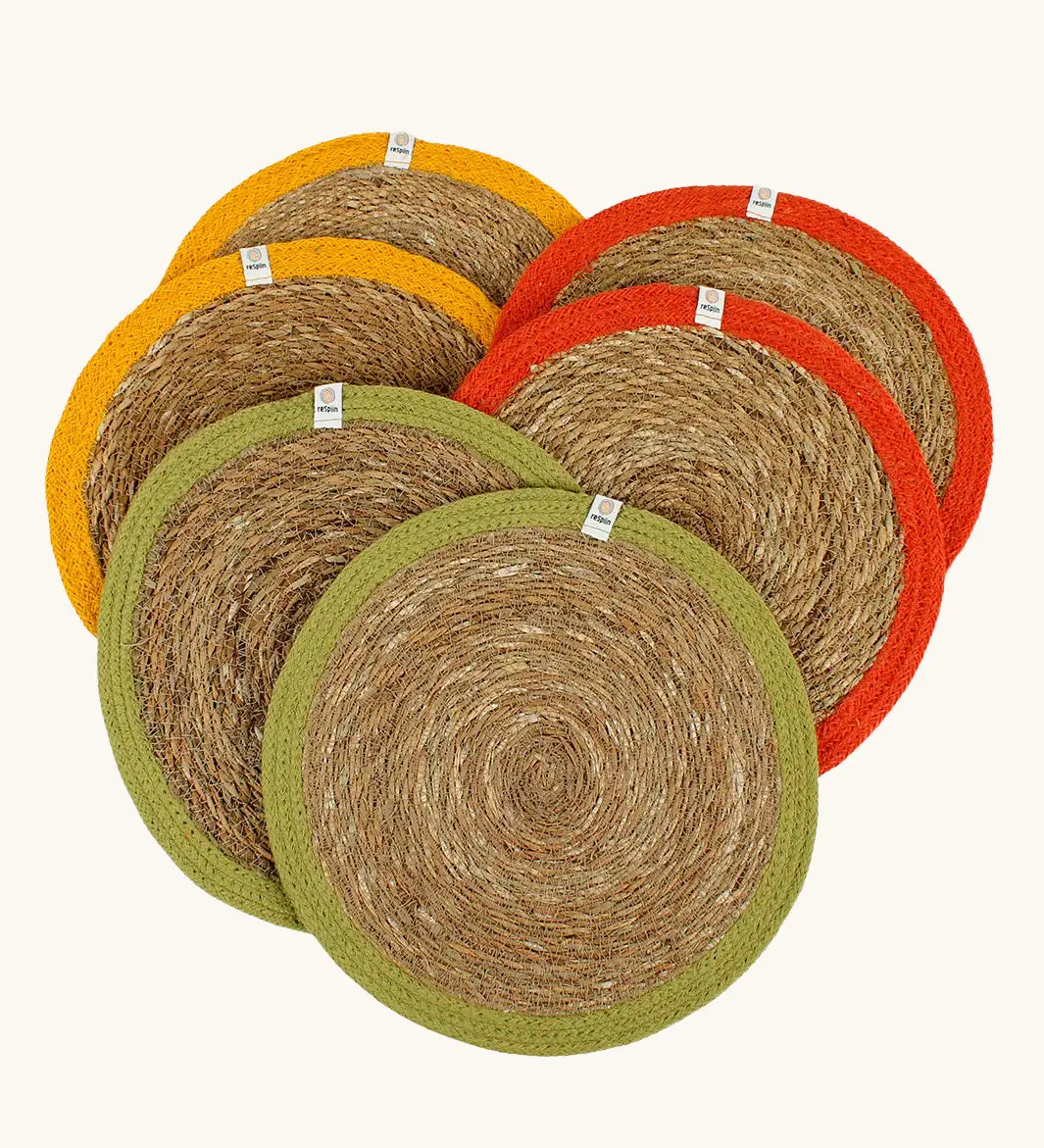 Respiin set of 6 jute table mats laid flat showing green, orange and yellow rim on each mat