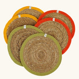 Respiin set of 6 jute table mats laid flat showing green, orange and yellow rim on each mat