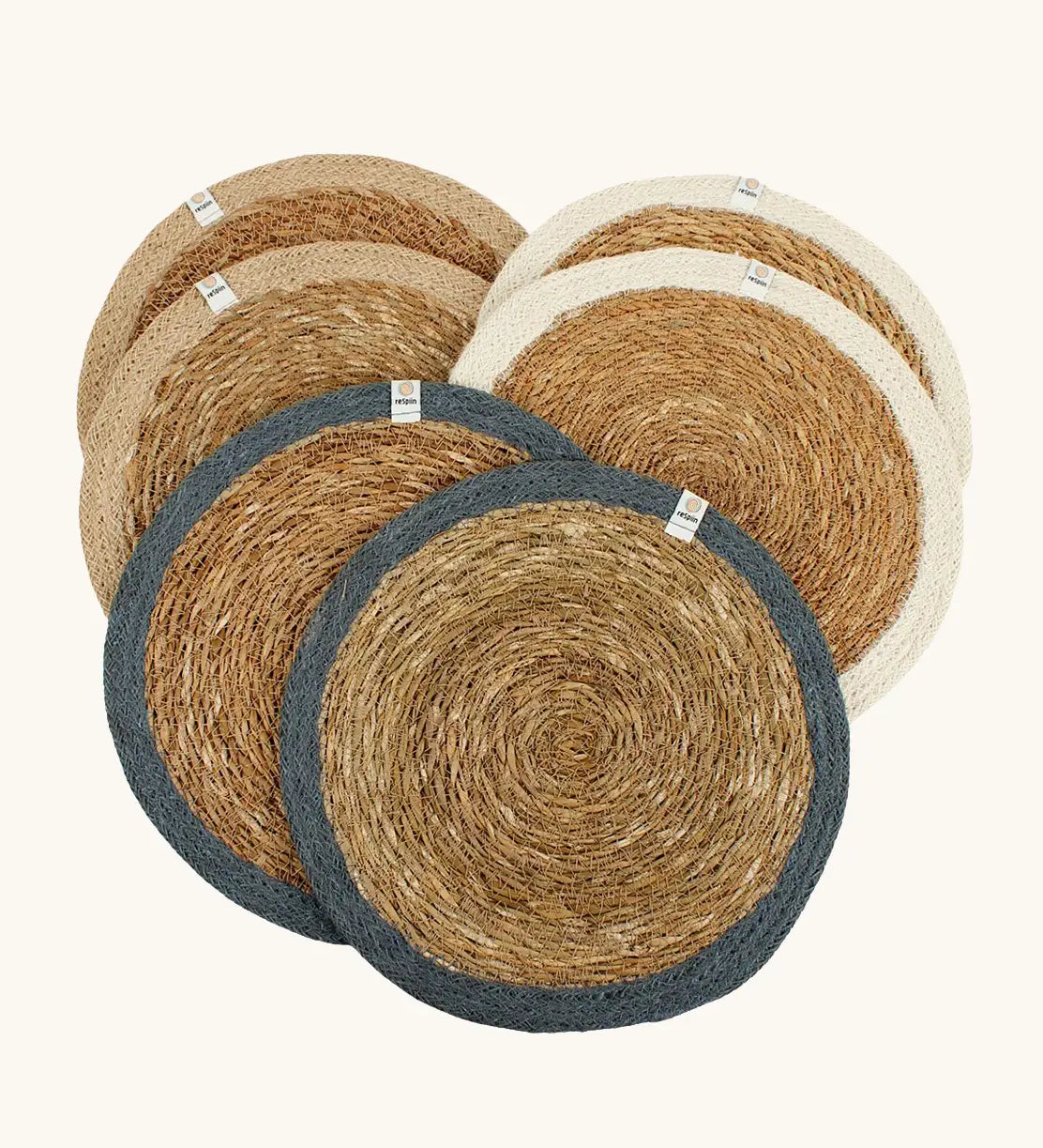 Respiin set of 6 jute table mats laid flat showing neutral inspired colour rim on each mat