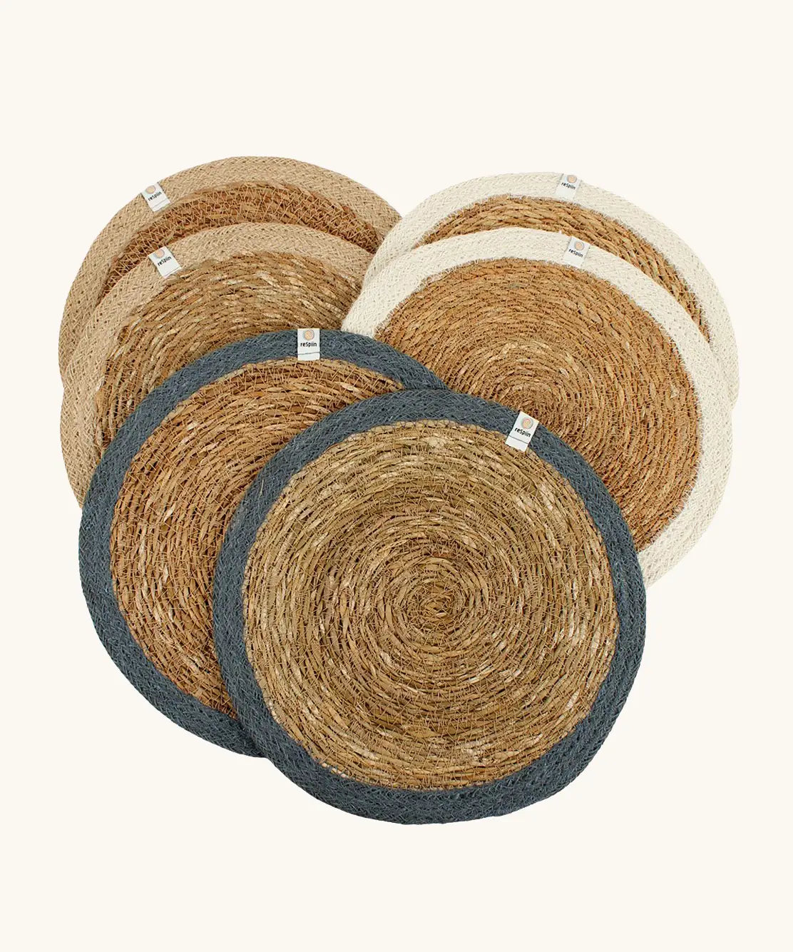 Respiin set of 6 jute table mats laid flat showing neutral inspired colour rim on each mat