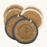 Respiin set of 6 jute table mats laid flat showing neutral inspired colour rim on each mat