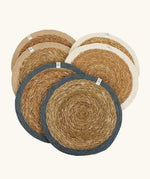 Respiin set of 6 jute table mats laid flat showing neutral inspired colour rim on each mat