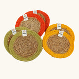 Set of 6 ReSpiin natural jute coasters with a yellow orange and green trim