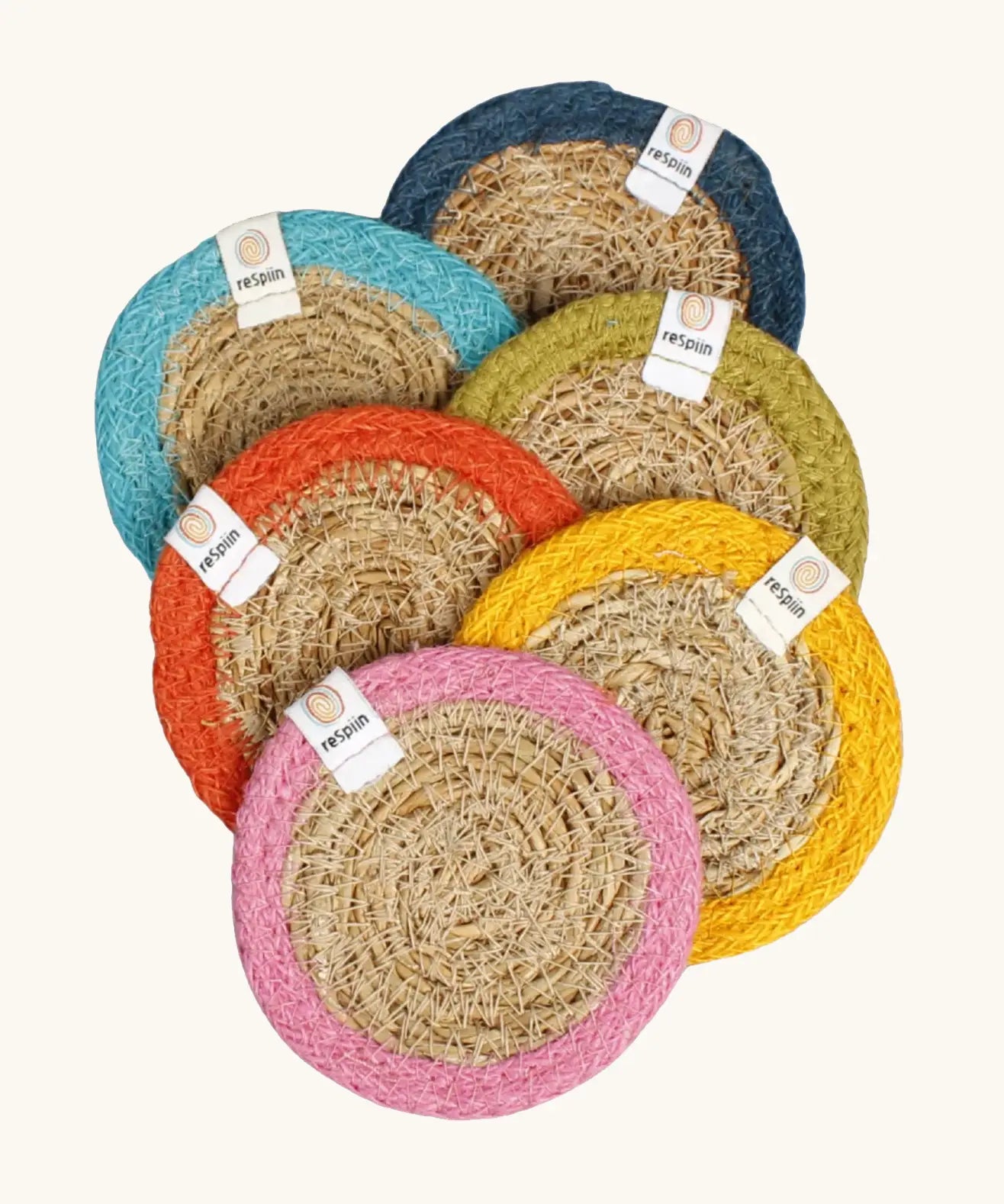 Set of 6 ReSpiin natural jute coasters with a pink, yellow orange, green light and dark blue trim
