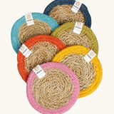 Set of 6 ReSpiin natural jute coasters with a pink, yellow orange, green light and dark blue trim