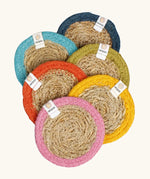 Set of 6 ReSpiin natural jute coasters with a pink, yellow orange, green light and dark blue trim