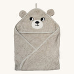 The Roommate kids organic hooded towel, in a grey colour with an embroidered bear face and bear ears. 