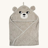 The Roommate kids organic hooded towel, in a grey colour with an embroidered bear face and bear ears. 
