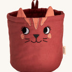 Roommate Mini Quilted Basket - Cat in red. A curious embroidered cat face with fabric ears and a fabric hook