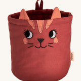 Roommate Mini Quilted Basket - Cat in red. A curious embroidered cat face with fabric ears and a fabric hook