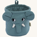 Roommate Mini Quilted Basket - Elephant in dark grey/blue. A curious embroidered elephant face with fabric ears, tusks and trunk, and a fabric hook