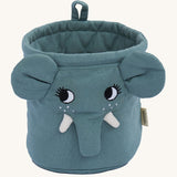 Roommate Mini Quilted Basket - Elephant in dark grey/blue. A curious embroidered elephant face with fabric ears, tusks and trunk, and a fabric hook