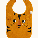 Roommate Organic Cotton Baby Bib - Tiger in a soft toweled fabric, with a happy embroidered face, soft ears and black triangles to emulate tiger stripes 