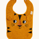 Roommate Organic Cotton Baby Bib - Tiger in a soft toweled fabric, with a happy embroidered face, soft ears and black triangles to emulate tiger stripes 
